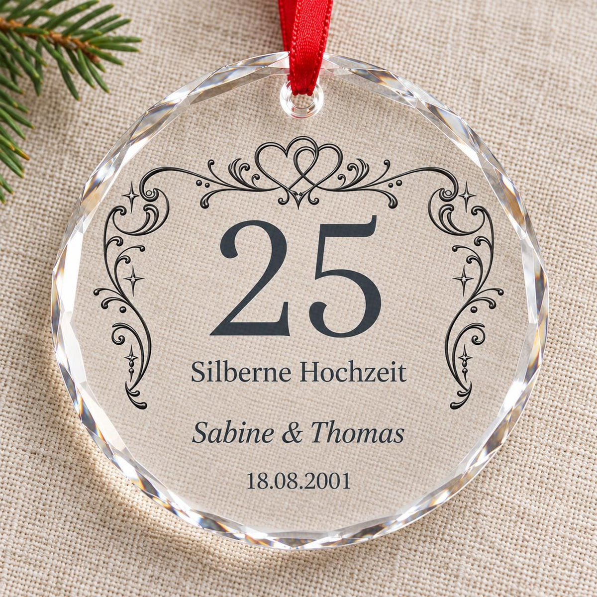 Silberhochzeit Glasornament personalisiert mit Namen und Datum – Geschenk zum 25. Hochzeitstag für Eltern, Ehepaar, Weihnachtsanhänger