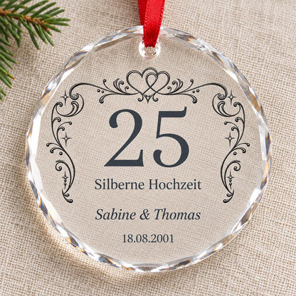 Silberhochzeit Glasornament personalisiert mit Namen und Datum – Geschenk zum 25. Hochzeitstag für Eltern, Ehepaar, Weihnachtsanhänger