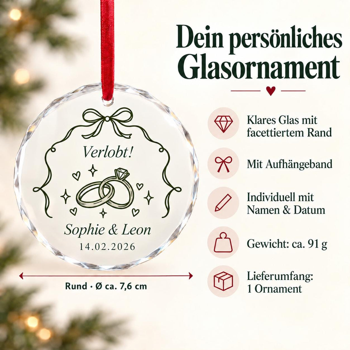 Verlobung Glasornament personalisiert mit Namen und Datum – Ringe und Schleife als Doodle, Geschenk für Verlobte, Paare, Weihnachtsanhänger
