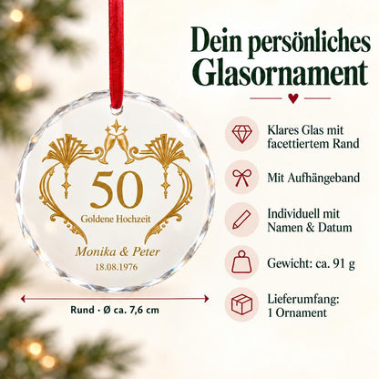 Goldene Hochzeit Glasornament personalisiert mit Namen und Datum – Geschenk zum 50. Hochzeitstag für Eltern und Großeltern, Art-Déco-Deko
