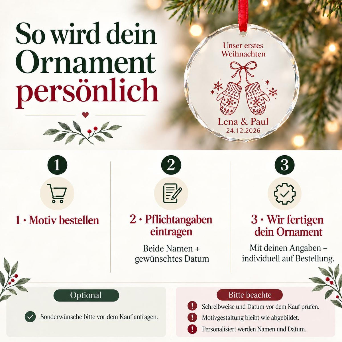 Erstes Weihnachten Glasornament personalisiert mit Namen und Datum – Handschuh-Motiv, Geschenk für Paare, Ehepaar und frisch Verliebte
