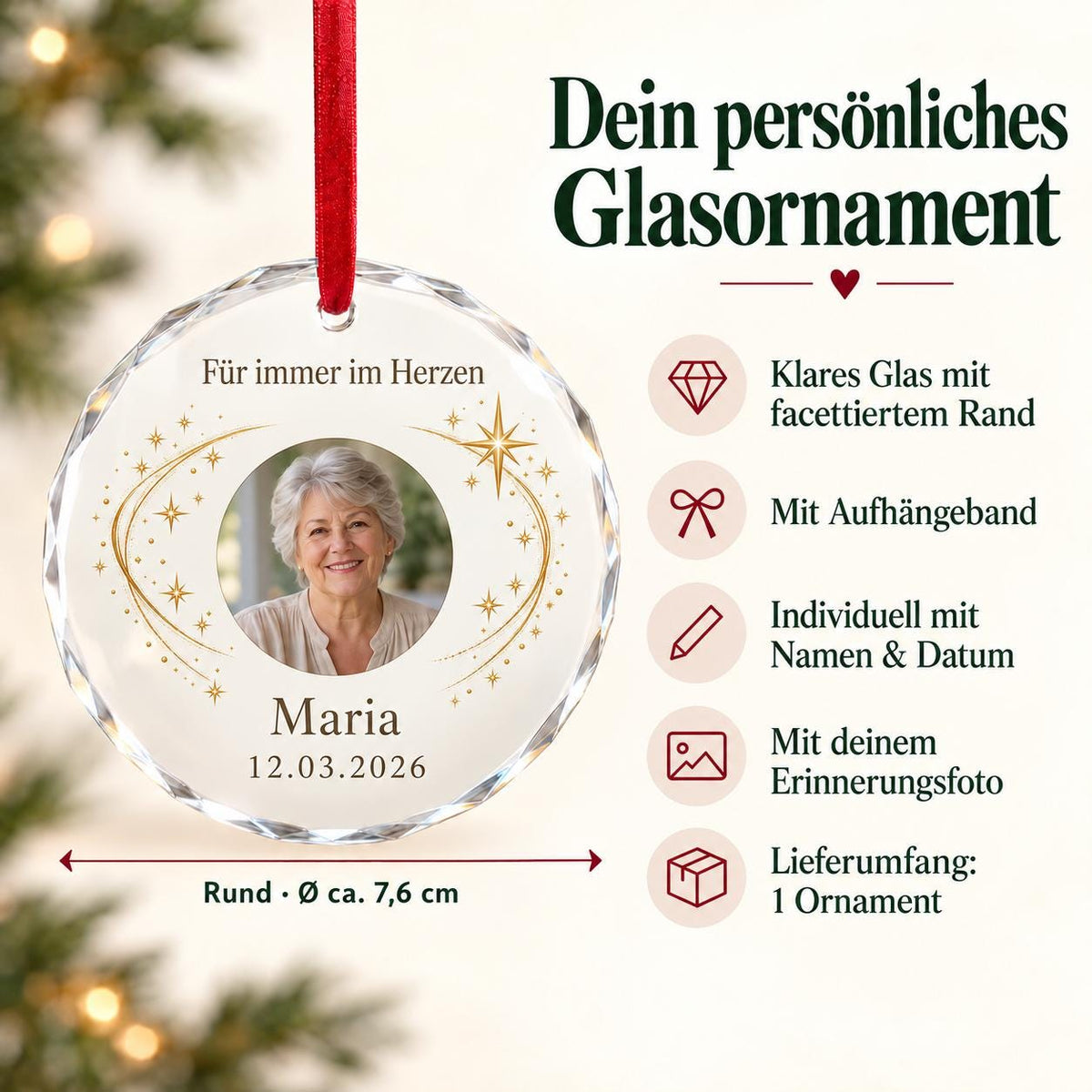Erinnerung Glasornament personalisiert mit Foto, Name und Datum – Gedenkgeschenk für Angehörige, Trauergeschenk, Andenken an Verstorbene