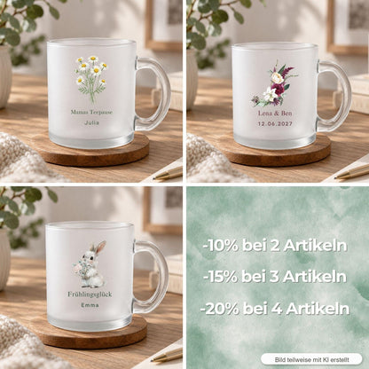 Kinder Glastasse personalisiert mit Namen, Fuchs mit blauem Schal, klar oder satiniert 300 ml, Geschenk Fuchsfans, Geburtstag Kakaopause