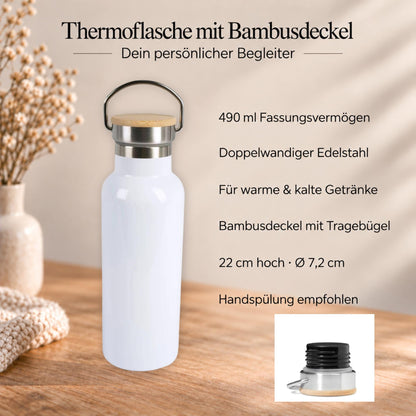 Personalisierte Thermoflasche mit Namen und Datum | Braut mit rosa Schleife | Hochzeitsgeschenk, Bridal Shower | Bambusdeckel, 490 ml