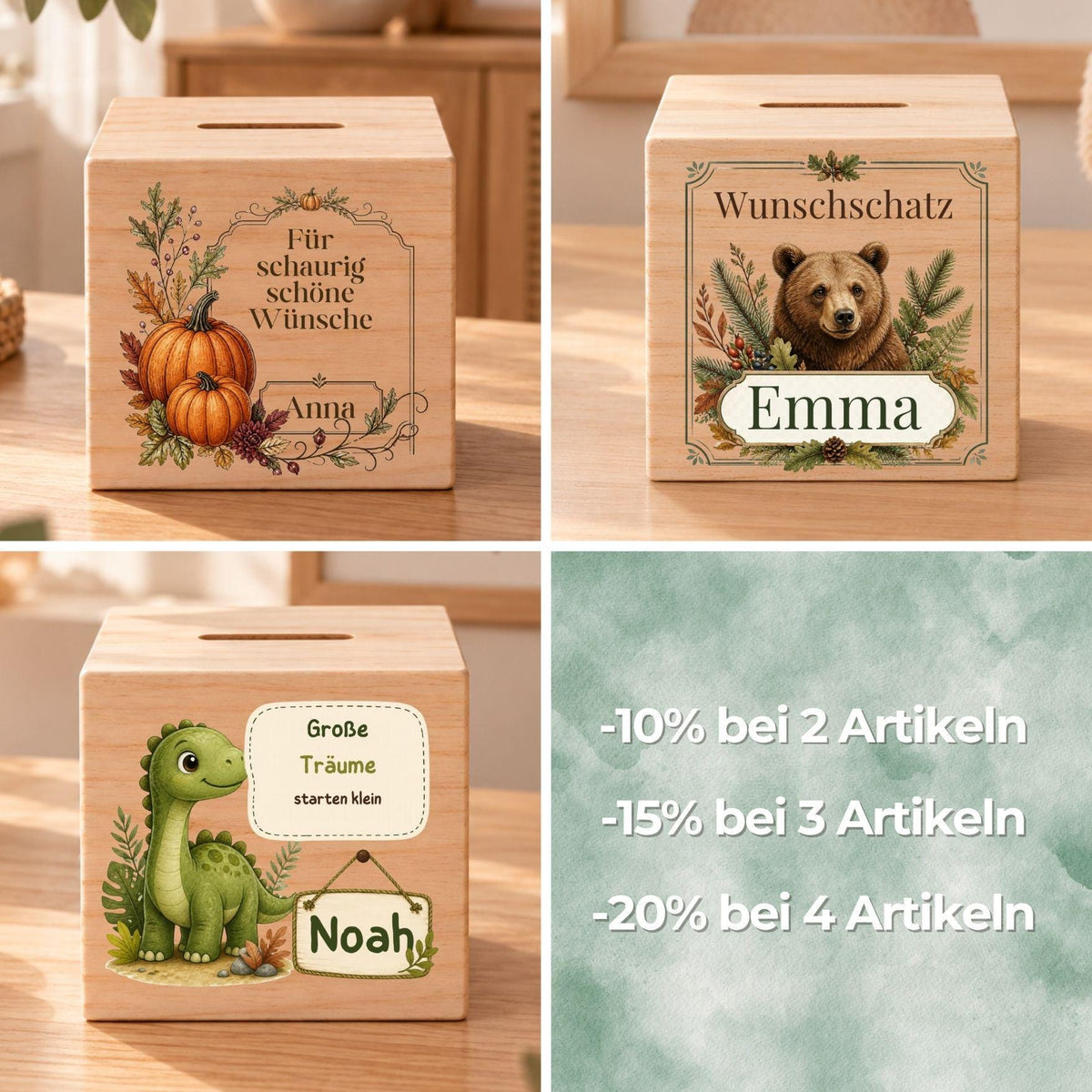 Kinderspardose aus Holz mit Name | Dino Motiv | Geldgeschenk zum Kindergeburtstag | Sparen für große Träume