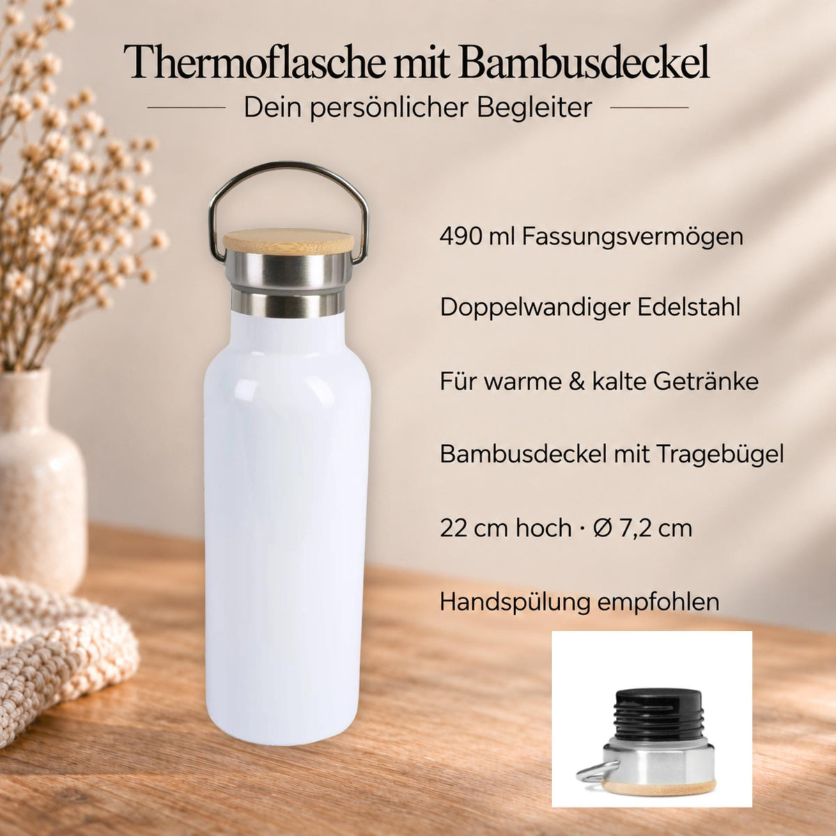 Thermoflasche Mama Pause Kaffee | Muttertagsgeschenk für Mama, Geschenk zum Geburtstag, Kaffeepause | Edelstahl, Bambusdeckel, 490 ml