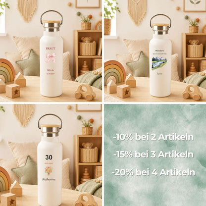 Personalisierte Thermoflasche mit Namen | Wandern macht den Kopf frei | Geschenk für Wanderer und Bergfreunde | Bambusdeckel, 490 ml