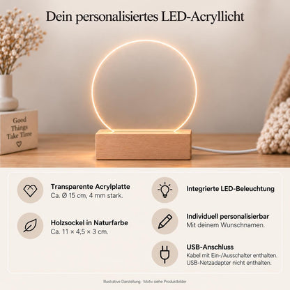 Personalisiertes Nachtlicht rund, Hund vom Foto, LED Acryl mit Holzsockel, weißes Tierporträt mit Name und Jahren, Erinnerung Geschenk