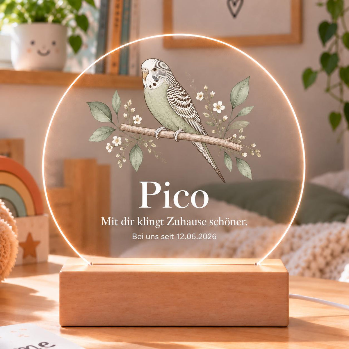 Personalisiertes Nachtlicht rund, Wellensittich oder Vogel vom Foto, LED Acryl mit Holzsockel, Name und Datum, Geschenk Vogelliebhaber