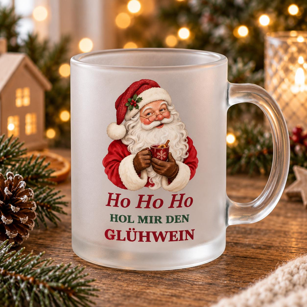 Glastasse Weihnachtsmann Glühwein mit Spruch, satiniert, Nikolaus, Advent, Weihnachtsmarkt, Weihnachtsfeier Punsch Matt Geschenk Winter
