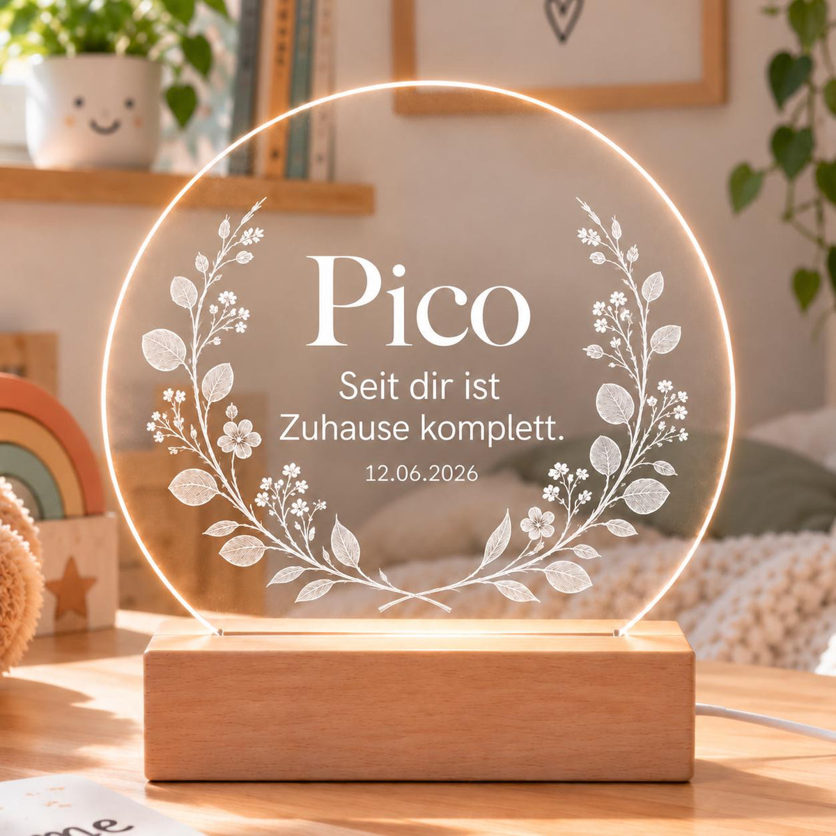 Personalisiertes Nachtlicht rund für Hund und Katze, Haustier Einzug floral, LED Acryl mit Holzsockel, Name und Datum