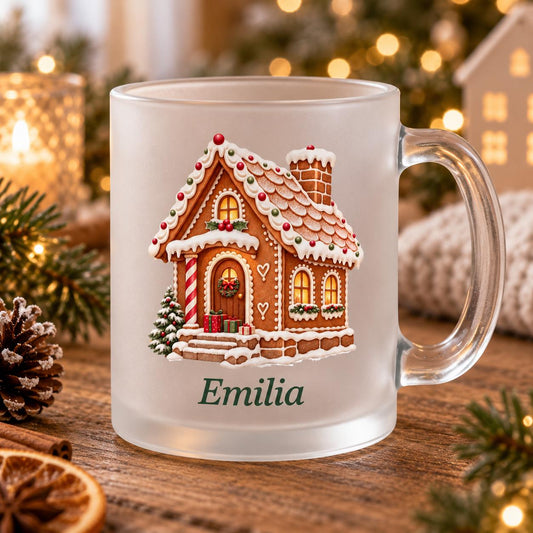 Glastasse Lebkuchenhaus personalisiert, satiniert, Glühwein, Nikolaus, Advent, Weihnachtsmarkt, Weihnachtsfeier Geschenk Punschbecher