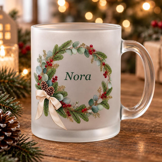 Glastasse Botanischer Weihnachtskranz personalisiert, Glühwein, Nikolaus, Advent, Weihnachtsmarkt, Weihnachtsfeier Geschenk Punschbecher