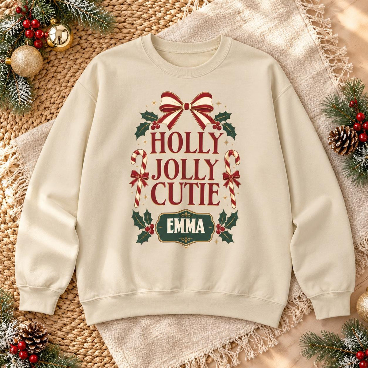 Personalisierter Weihnachtspullover Holly Jolly Cutie mit Name | Retro Familien Partnerlook Advent Weihnachtsfoto Geschenk Damen Kinder Foto