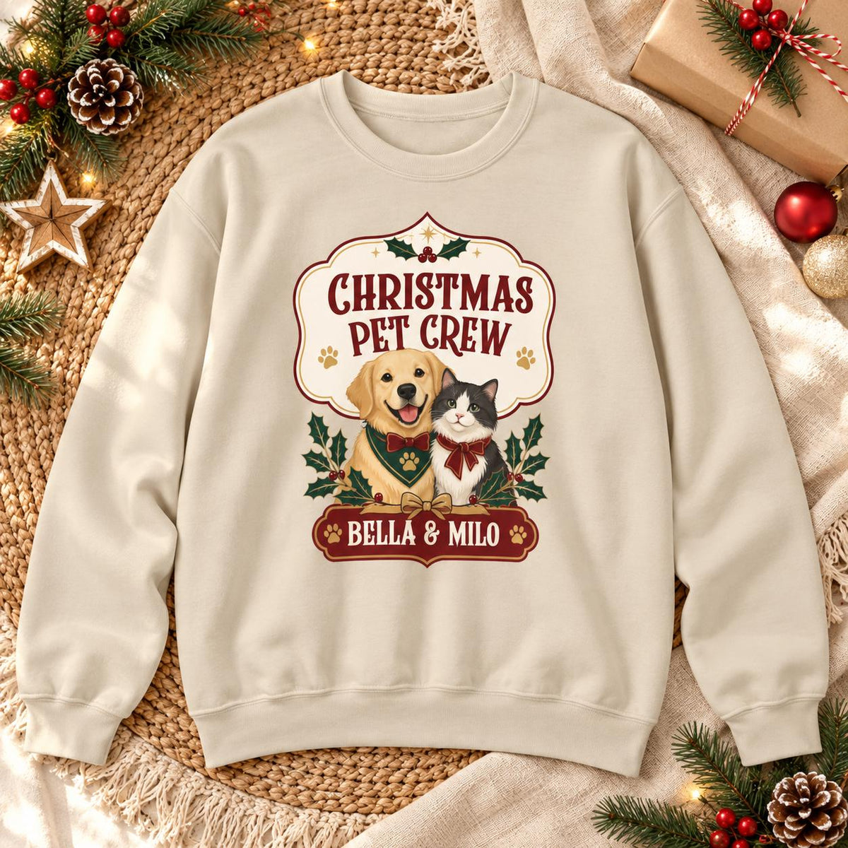 Personalisierter Weihnachtspullover Christmas Pet Crew mit Tiernamen | Geschenk Hundemama Katzenmama Tierfamilie Weihnachten Partnerlook Set