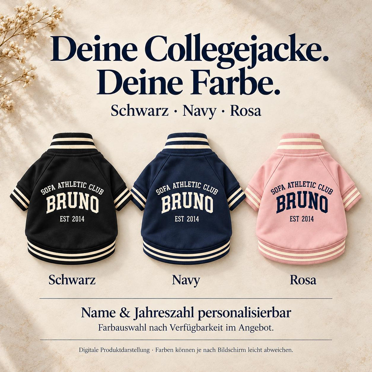 Personalisierte Collegejacke für Hunde mit Name und Jahr – Sofa Athletic Club – Navy Hundejacke – Geschenk für Hundemama und Hundepapa