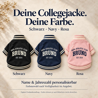 Personalisierte Collegejacke für Hunde mit Name und Jahr – Sofa Athletic Club – Navy Hundejacke – Geschenk für Hundemama und Hundepapa