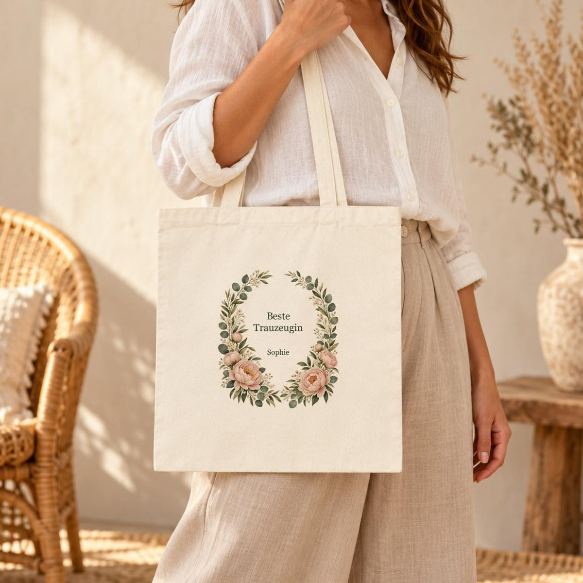 Trauzeugin Jutebeutel personalisiert mit Namen, Blumenmotiv aus Baumwolle | Tragetasche & Einkaufsbeutel | Geschenk Hochzeit Geburtstag