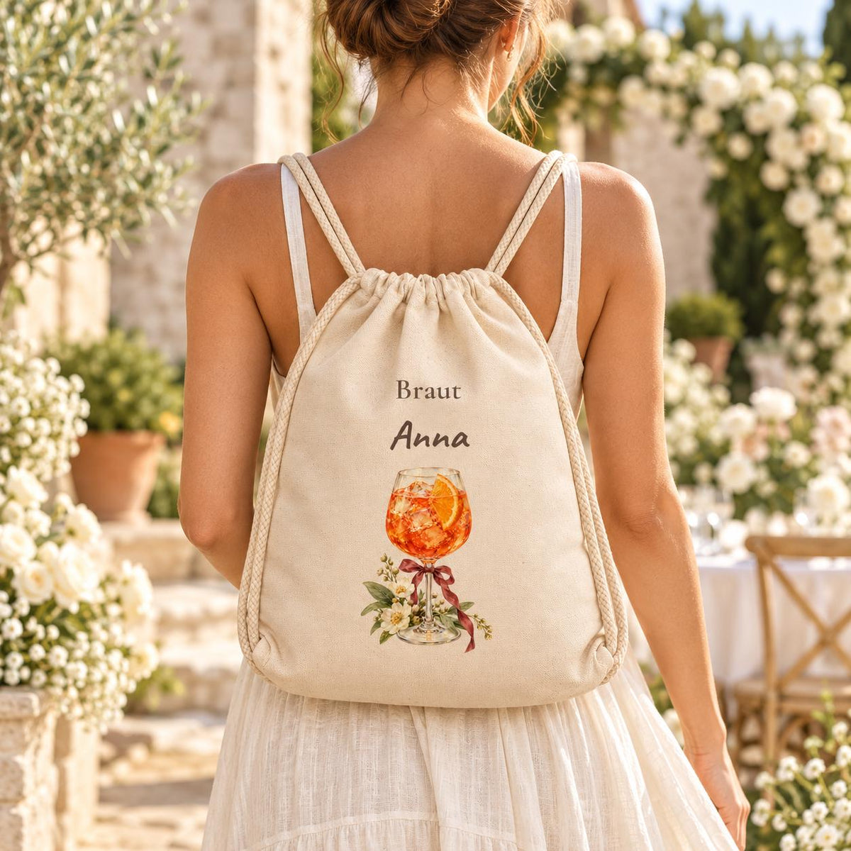 Braut Turnbeutel personalisiert mit Namen Spritz Cocktail Blumen Schleife, JGA Geschenk Hochzeit Brautparty Freundin Verlobung Getting Ready