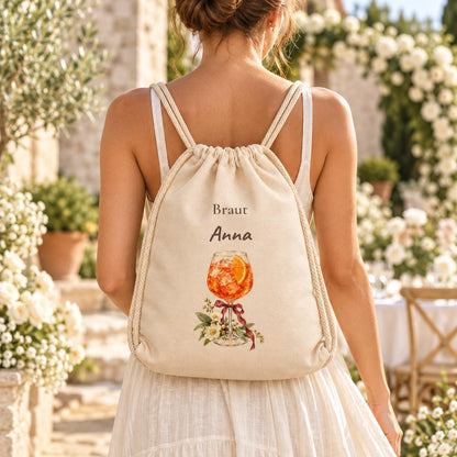 Braut Turnbeutel personalisiert mit Namen Spritz Cocktail Blumen Schleife, JGA Geschenk Hochzeit Brautparty Freundin Verlobung Getting Ready