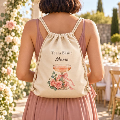 Team Braut Turnbeutel personalisiert mit Name Champagner Rosen Schleife JGA Geschenk Brautjungfer Freundin Hochzeit Brautparty Getting Ready