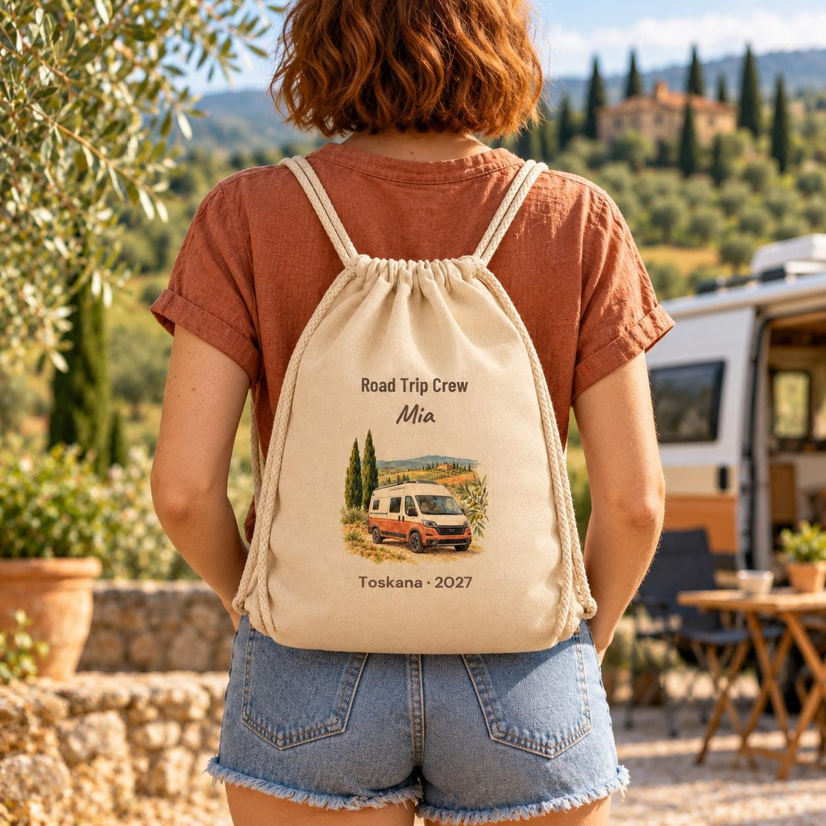 Road Trip Turnbeutel personalisiert mit Namen Ort und Jahr, Camper Toskana Vanlife, Geschenk Camping Freunde Reisegruppe Italien Urlaub Tour