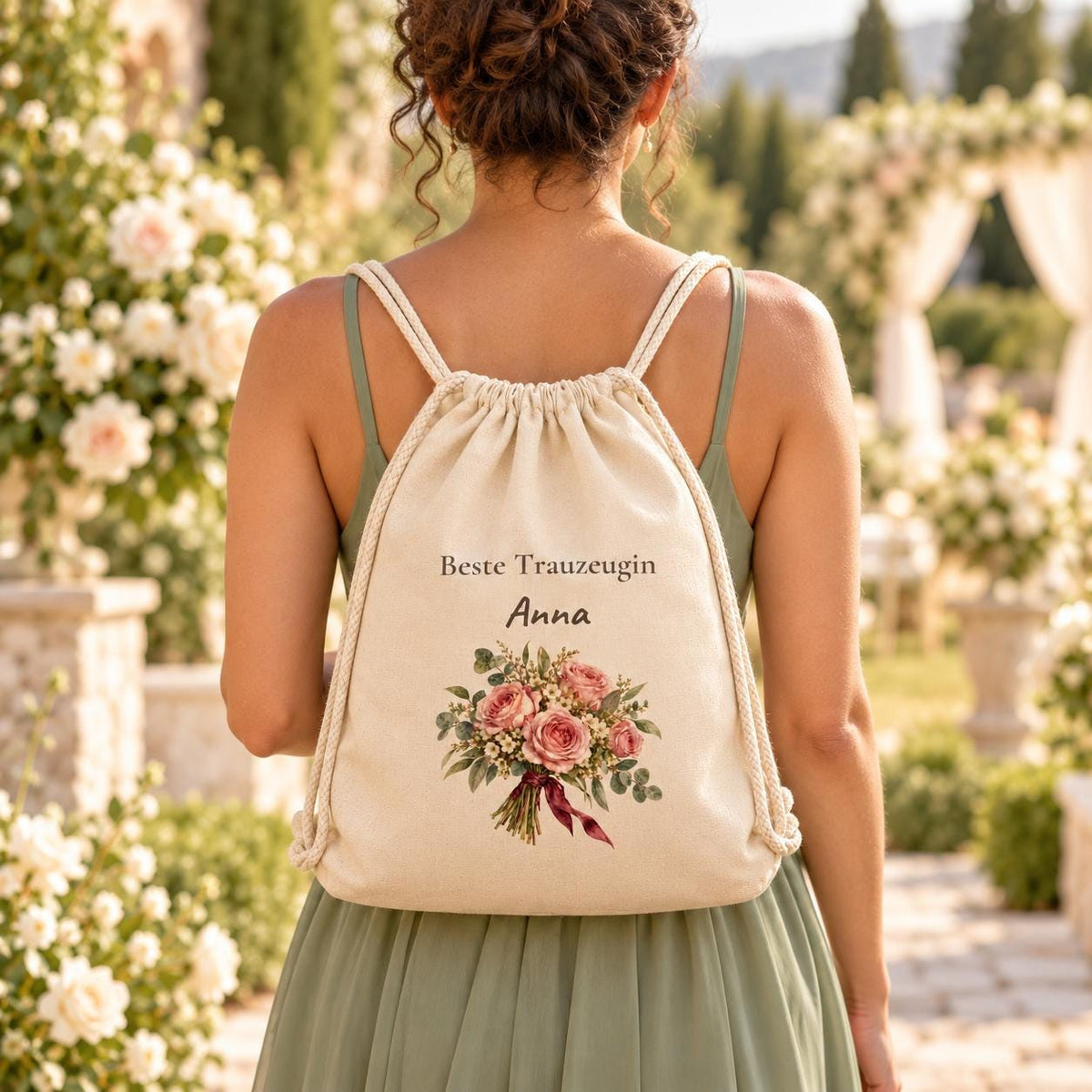 Beste Trauzeugin Turnbeutel personalisiert mit Namen, Rosen Blumen Aquarell, Geschenk Hochzeit JGA Dankeschön beste Freundin Brautteam Boho