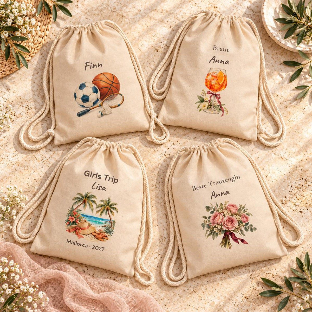 Trauzeugin mit Herz Turnbeutel personalisiert mit Namen Blumenherz Aquarell, Hochzeit JGA Geschenk beste Freundin Dankeschön Brautteam Boho