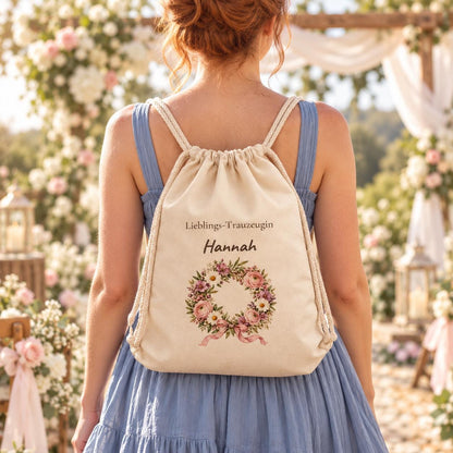 Lieblings-Trauzeugin Turnbeutel personalisiert mit Namen Blumenkranz Aquarell Hochzeit JGA Geschenk Freundin Dankeschön Brautteam Boho Rosen
