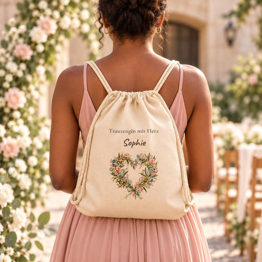 Trauzeugin mit Herz Turnbeutel personalisiert mit Namen Blumenherz Aquarell, Hochzeit JGA Geschenk beste Freundin Dankeschön Brautteam Boho