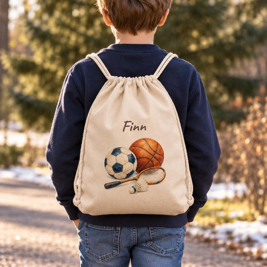 Schulsport Turnbeutel personalisiert mit Namen, Fußball Basketball Badminton, Geschenk für Schulkinder Jungen Mädchen Weihnachten Geburtstag