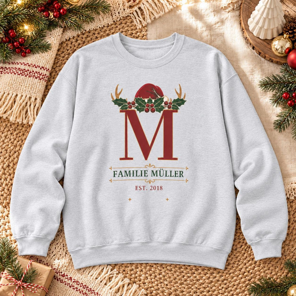 Personalisierter Weihnachtspullover mit Familieninitiale Name und Jahr | Retro Partnerlook Weihnachtsfoto Geschenk Familie Weihnachten Fest