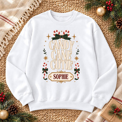 Personalisierter Weihnachtspullover Candy Cane Cutie mit Name | Retro Familien Partnerlook Advent Weihnachtsfoto Geschenk Damen Kinder Fotos