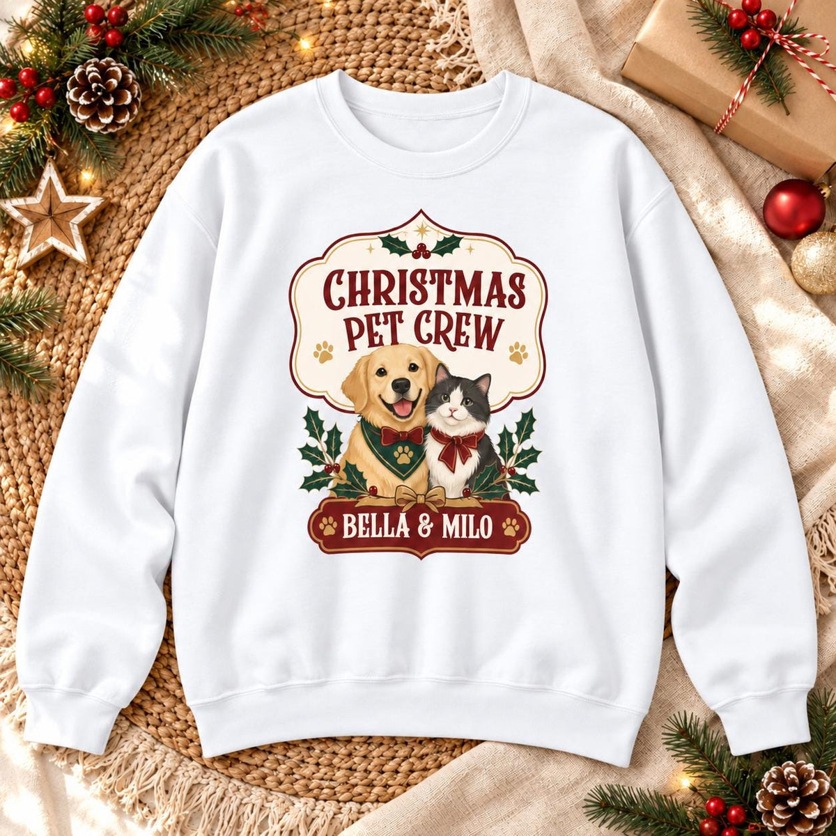 Personalisierter Weihnachtspullover Christmas Pet Crew mit Tiernamen | Geschenk Hundemama Katzenmama Tierfamilie Weihnachten Partnerlook Set