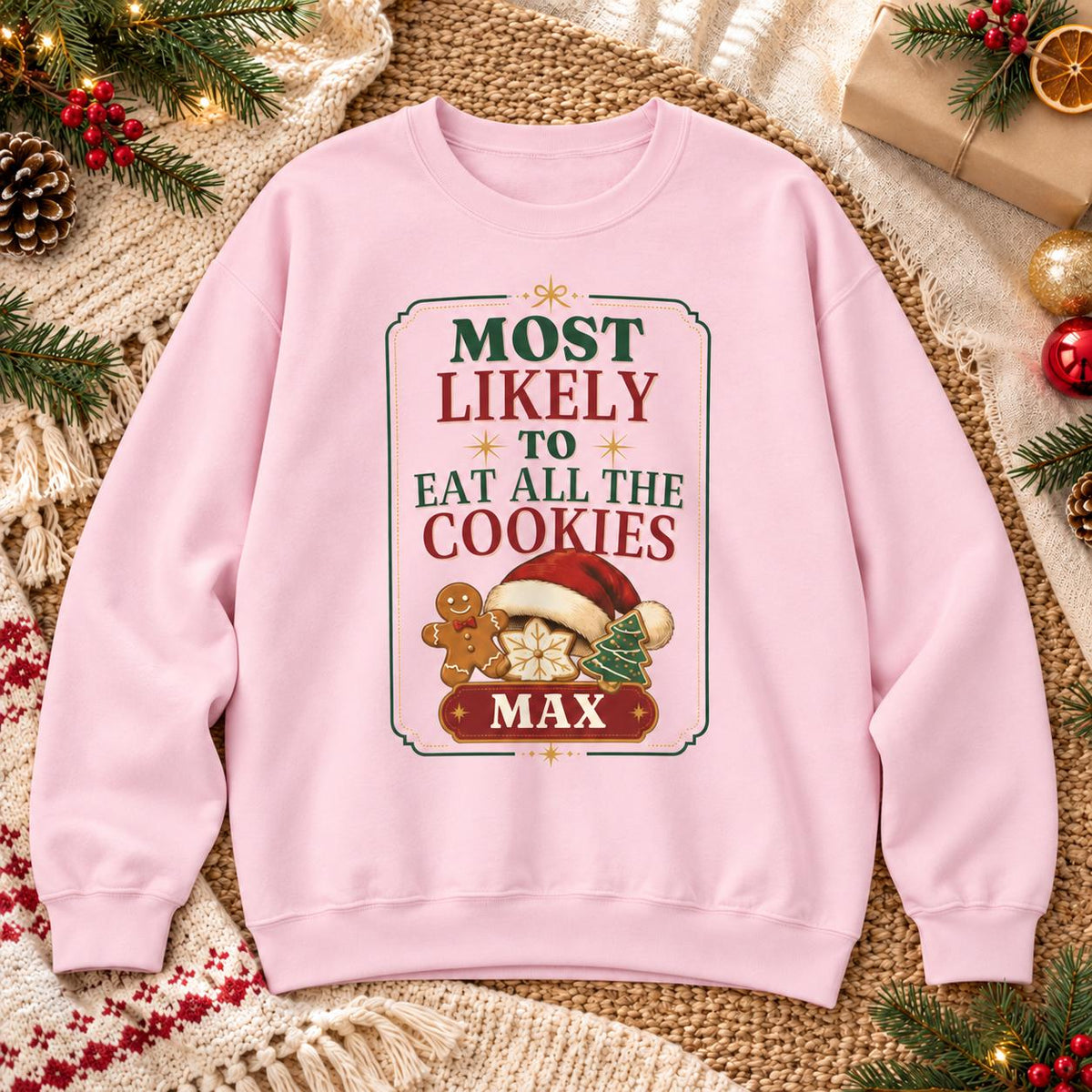 Personalisierter Weihnachtspullover Most Likely To Eat Santa's Cookies mit Name | Lustiger Familien Partnerlook Weihnachtsfoto Geschenk Idee