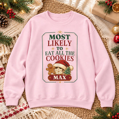Personalisierter Weihnachtspullover Most Likely To Eat Santa's Cookies mit Name | Lustiger Familien Partnerlook Weihnachtsfoto Geschenk Idee