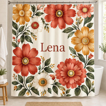 Wildblumen Duschvorhang personalisiert mit Name, Retro Blumen in Koralle und Senfgelb, Boho Badezimmer Deko, Einzugsgeschenk Badewanne