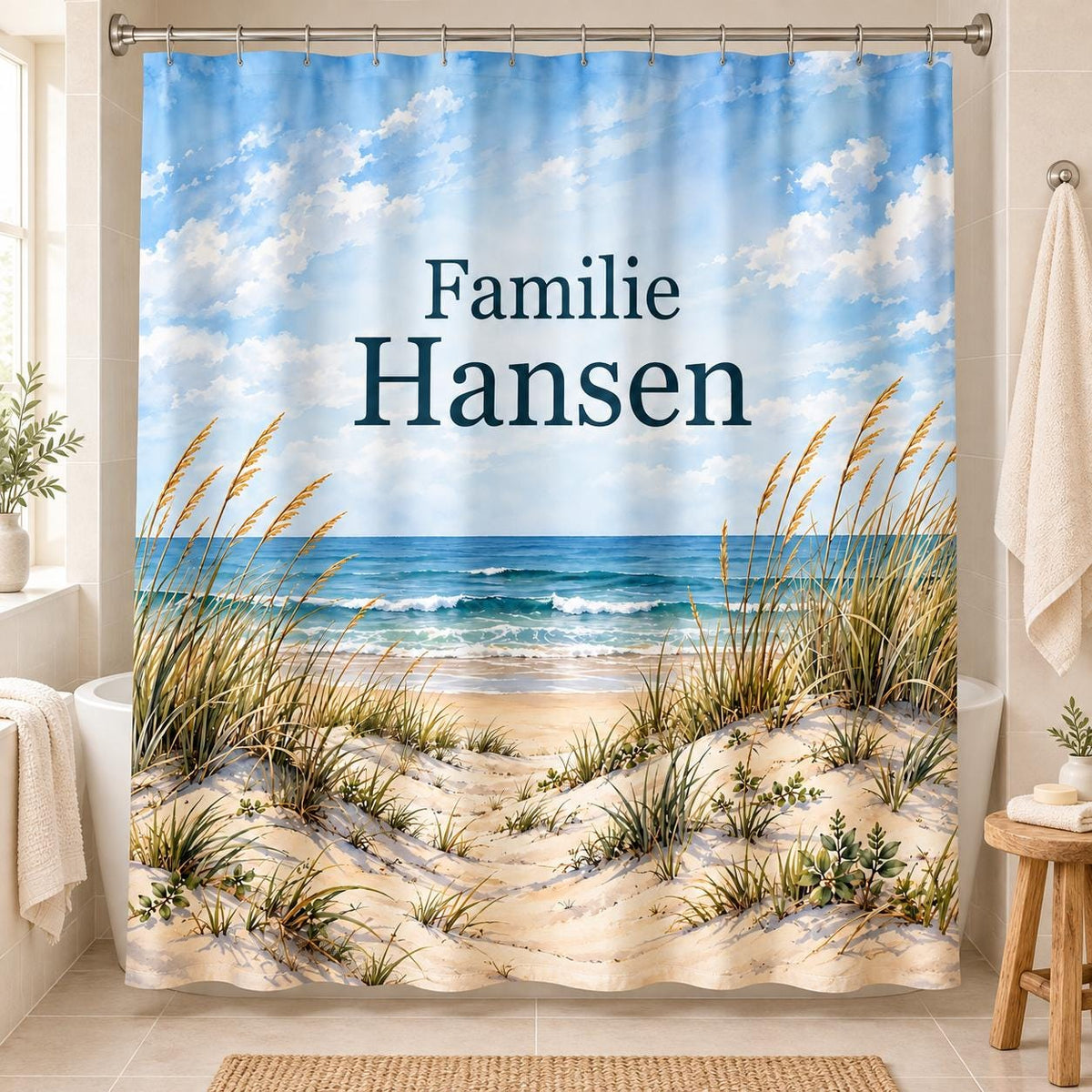 Küsten Duschvorhang personalisiert mit Familienname, Dünen und Meer in Blau und Sand, maritime Badezimmer Deko, Einzugsgeschenk Badewanne