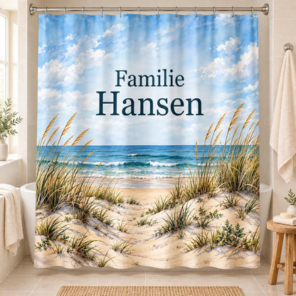 Küsten Duschvorhang personalisiert mit Familienname, Dünen und Meer in Blau und Sand, maritime Badezimmer Deko, Einzugsgeschenk Badewanne