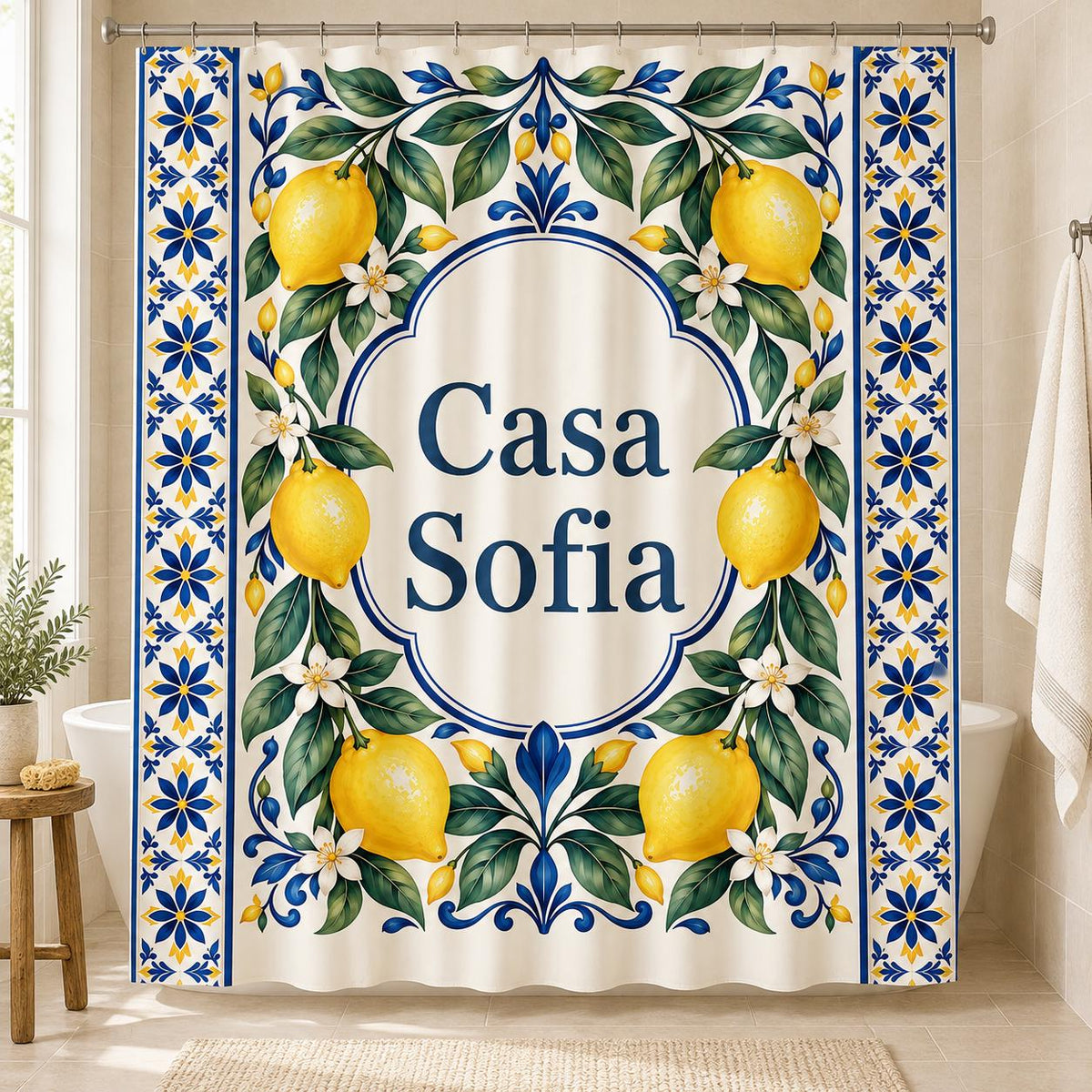 Zitronen Duschvorhang personalisiert mit Name, mediterranes Muster in Blau und Gelb, Badezimmer Deko, Geschenk zum Einzug Badewanne