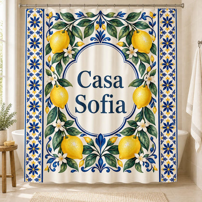 Zitronen Duschvorhang personalisiert mit Name, mediterranes Muster in Blau und Gelb, Badezimmer Deko, Geschenk zum Einzug Badewanne