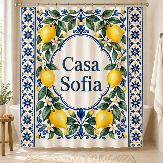 Zitronen Duschvorhang personalisiert mit Name, mediterranes Muster in Blau und Gelb, Badezimmer Deko, Geschenk zum Einzug Badewanne
