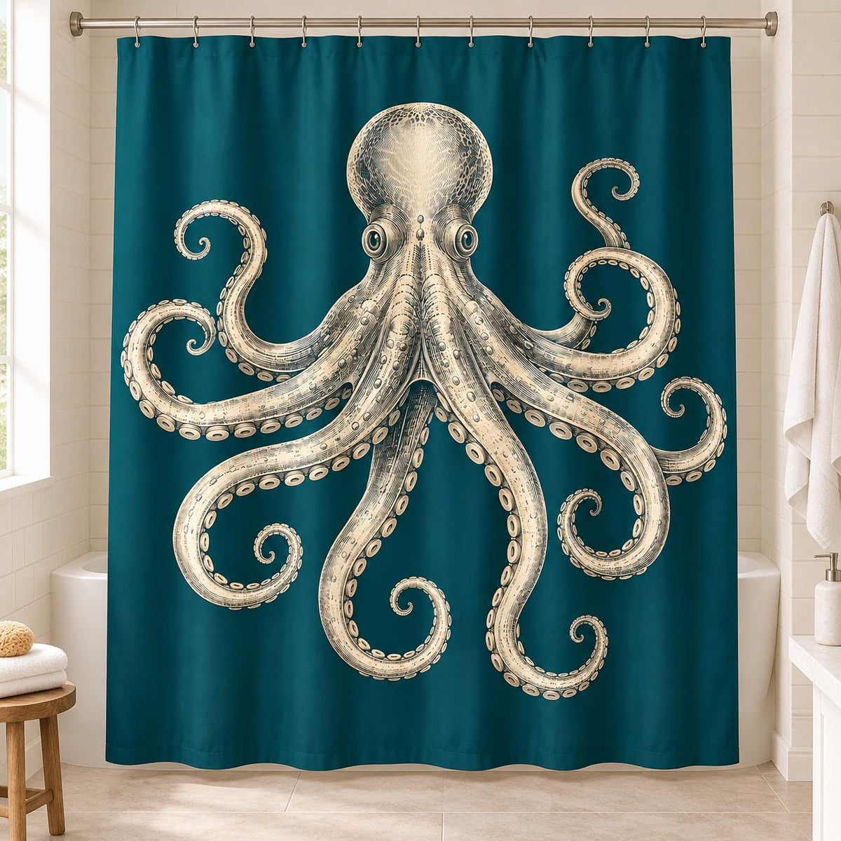 Oktopus Duschvorhang im Vintage Stil, cremefarbene Meeresillustration auf Petrol, maritime Badezimmer Deko für Meeresliebhaber Badewanne