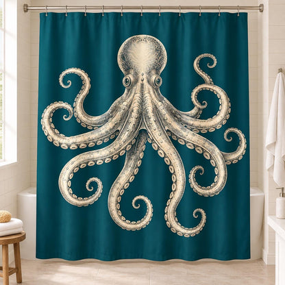 Oktopus Duschvorhang im Vintage Stil, cremefarbene Meeresillustration auf Petrol, maritime Badezimmer Deko für Meeresliebhaber Badewanne
