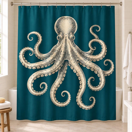 Oktopus Duschvorhang im Vintage Stil, cremefarbene Meeresillustration auf Petrol, maritime Badezimmer Deko für Meeresliebhaber Badewanne