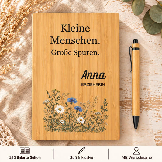 Erzieherin Geschenk – personalisiertes Bambus-Notizbuch mit Namen und Stift, Wildblumen zum Kita-Abschied