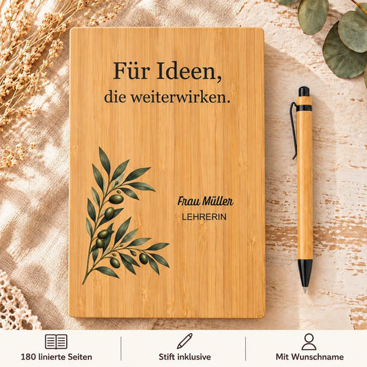 Lehrerin Geschenk – personalisiertes Bambus-Notizbuch mit Namen und Stift, Dankeschön zum Schuljahresende