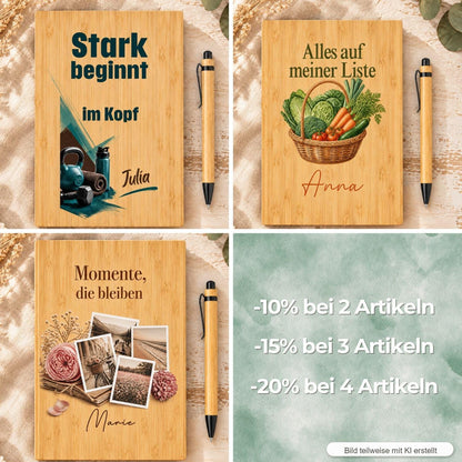 Studienbeginn Geschenk personalisiert – Bambus-Notizbuch mit Namen und Startjahr, Stift inklusive für Erstsemester