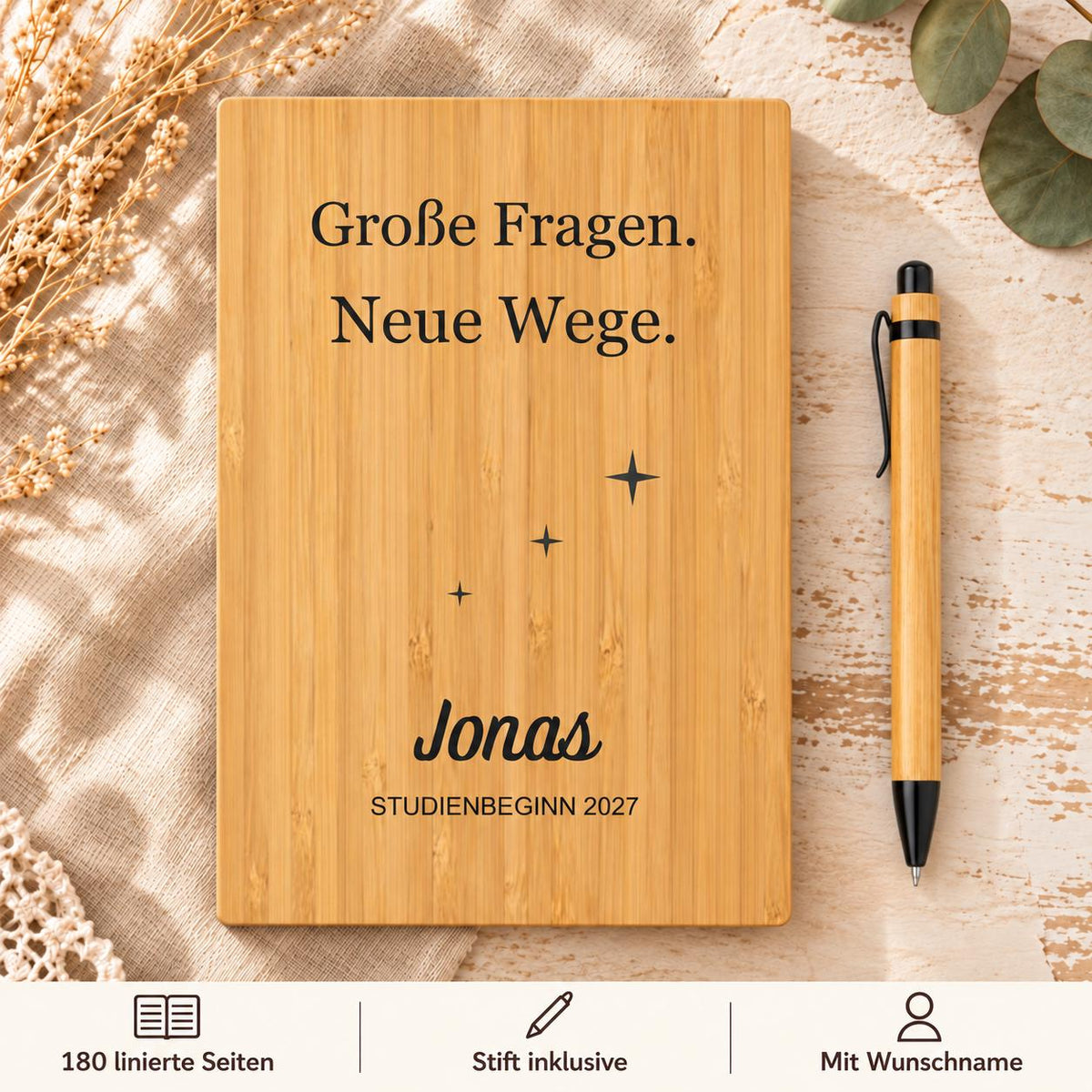 Studienbeginn Geschenk personalisiert – Bambus-Notizbuch mit Namen und Startjahr, Stift inklusive für Erstsemester