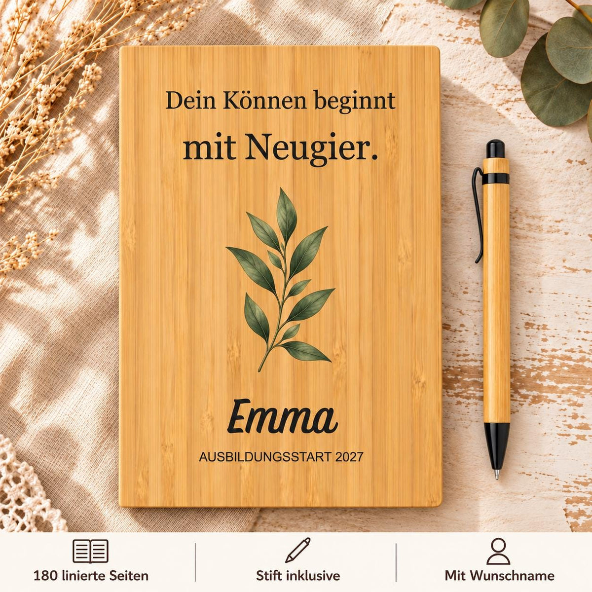 Ausbildungsbeginn Geschenk personalisiert – Bambus-Notizbuch mit Namen und Stift, Pflanzenmotiv für Azubis
